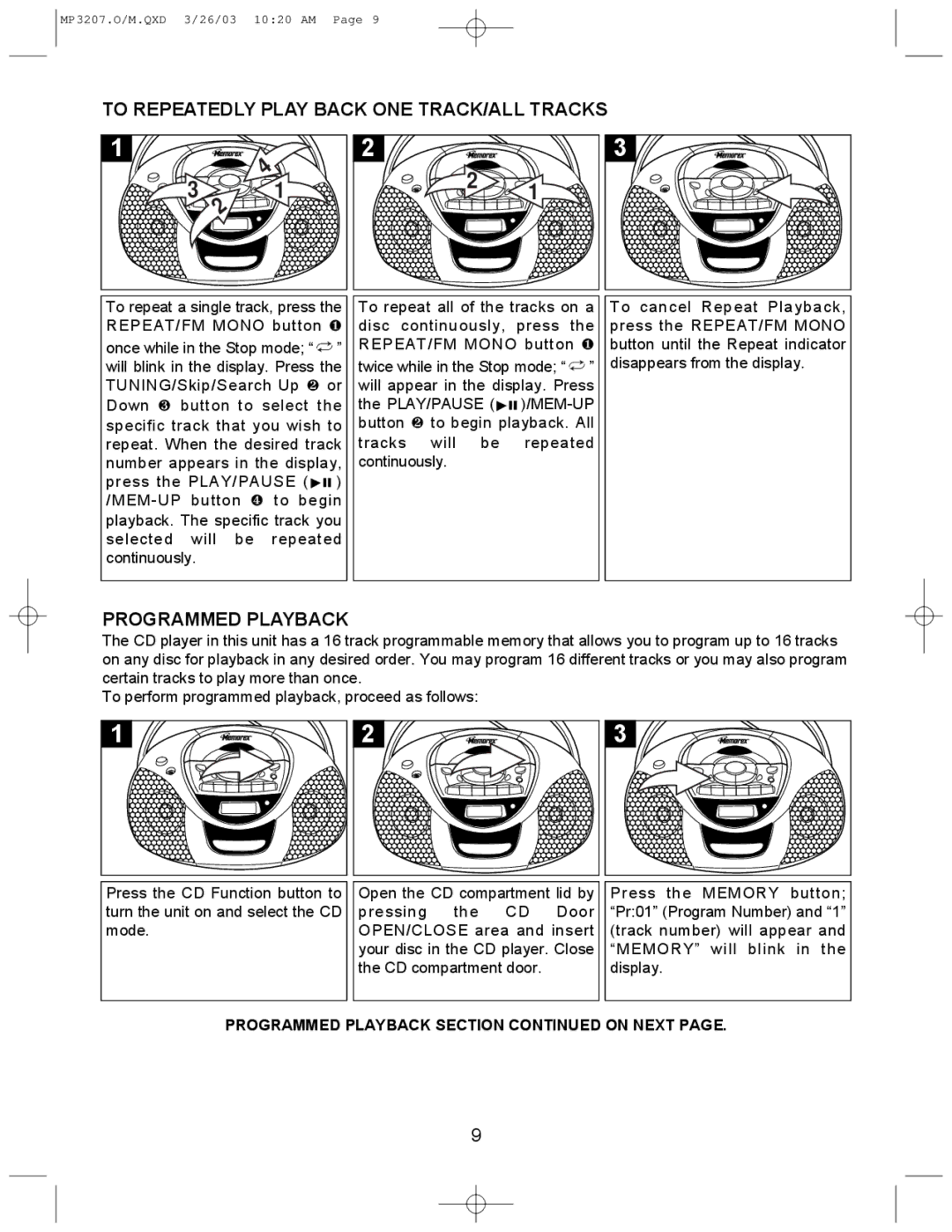 Memorex MP3207 operating instructions To Repeatedly Play Back ONE TRACK/ALL Tracks, Programmed Playback 