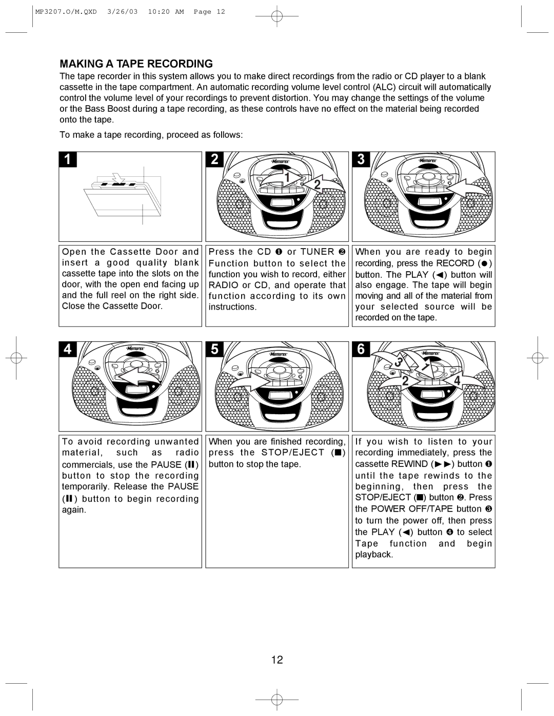 Memorex MP3207 operating instructions Making a Tape Recording 