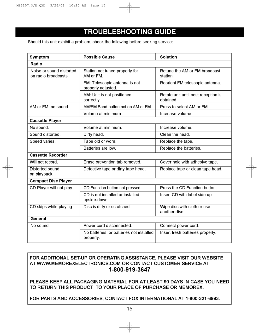 Memorex MP3207 operating instructions Troubleshooting Guide, Symptom Possible Cause Solution Radio 