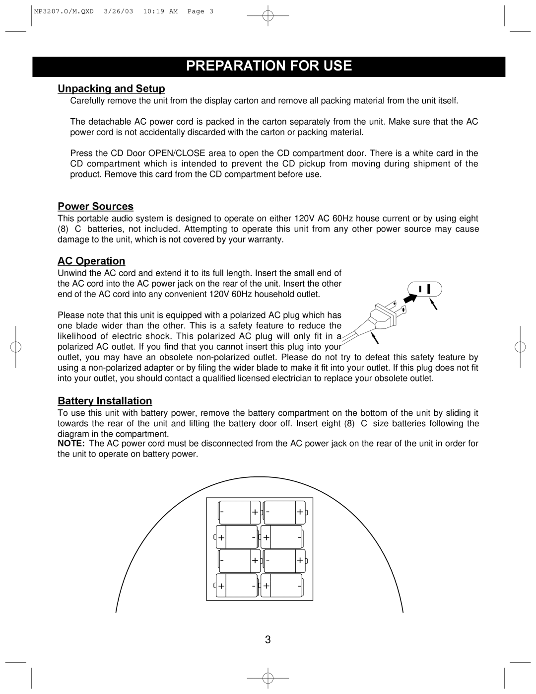 Memorex MP3207 operating instructions Preparation for USE, Unpacking and Setup 