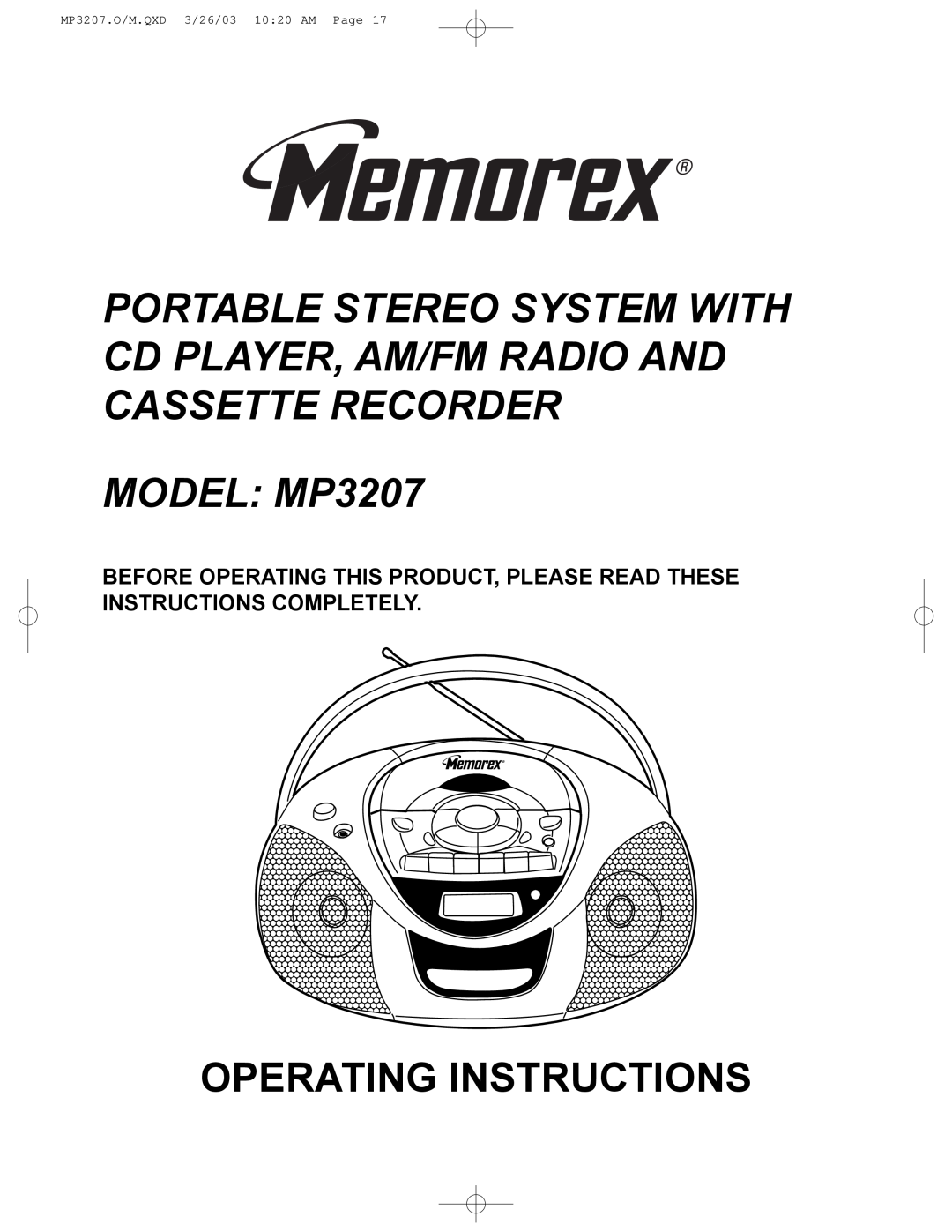 Memorex operating instructions MODEL MP3207, Operating Instructions, MP3207.O/M.QXD 3/26/03 10 20 AM Page 