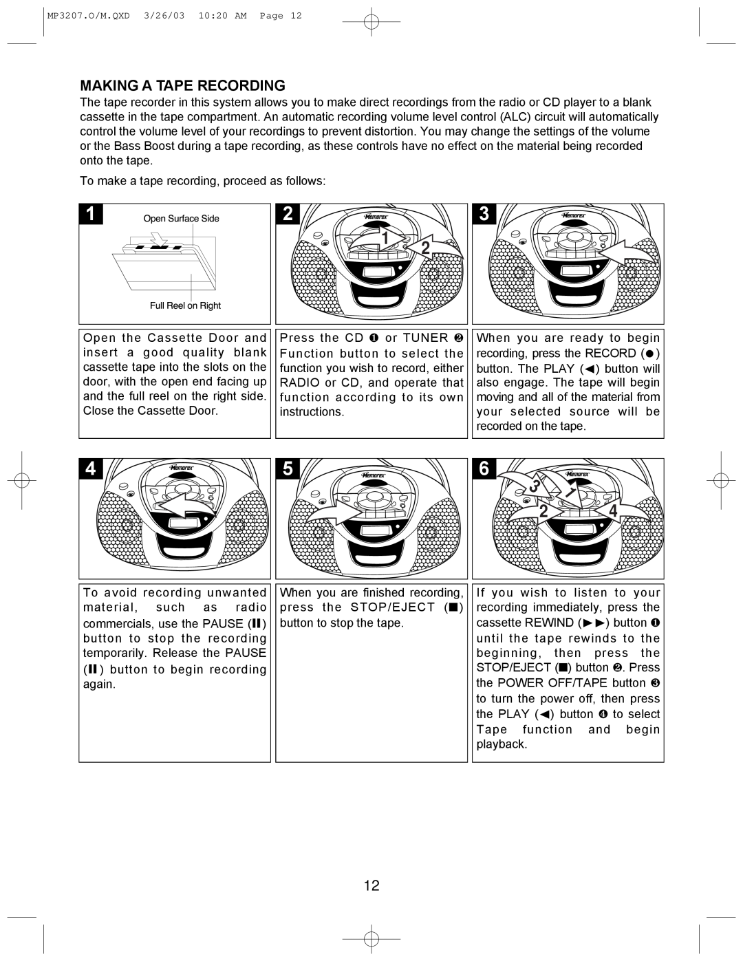 Memorex MP3207 operating instructions Making A Tape Recording 