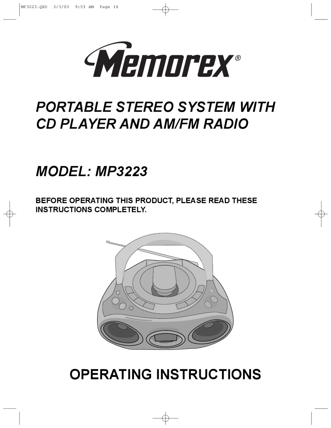 Memorex MP3223 manual Operating Instructions 