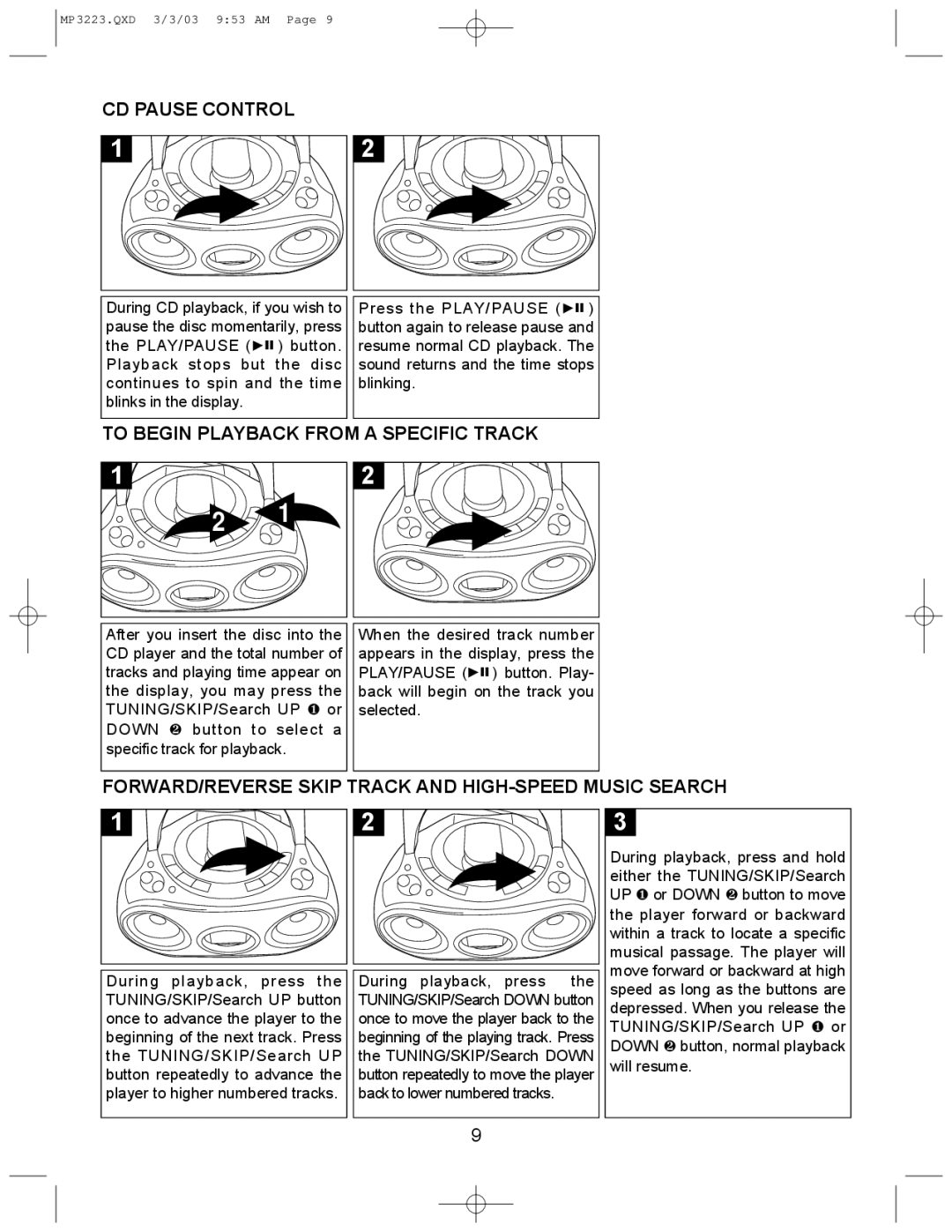 Memorex MP3223 manual CD Pause Control, To Begin Playback from a Specific Track 