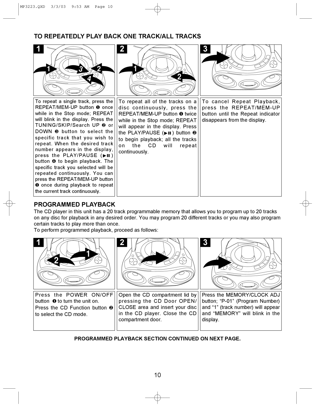 Memorex MP3223 manual To Repeatedly Play Back ONE TRACK/ALL Tracks, Programmed Playback 