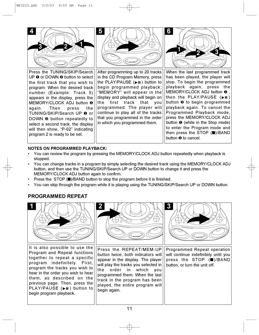 Memorex MP3223 manual Programmed Repeat 