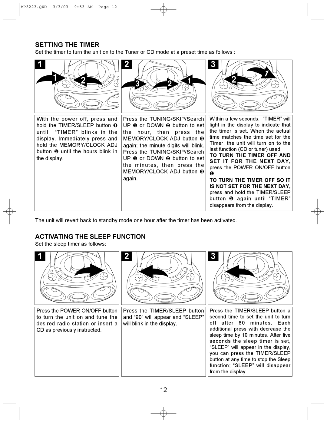 Memorex MP3223 manual Setting the Timer, Activating the Sleep Function 