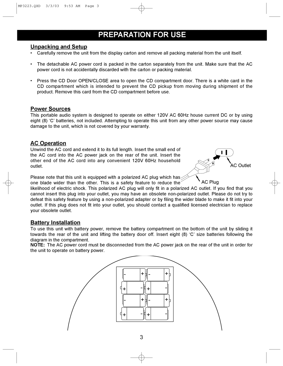 Memorex MP3223 manual Preparation for USE, Unpacking and Setup 