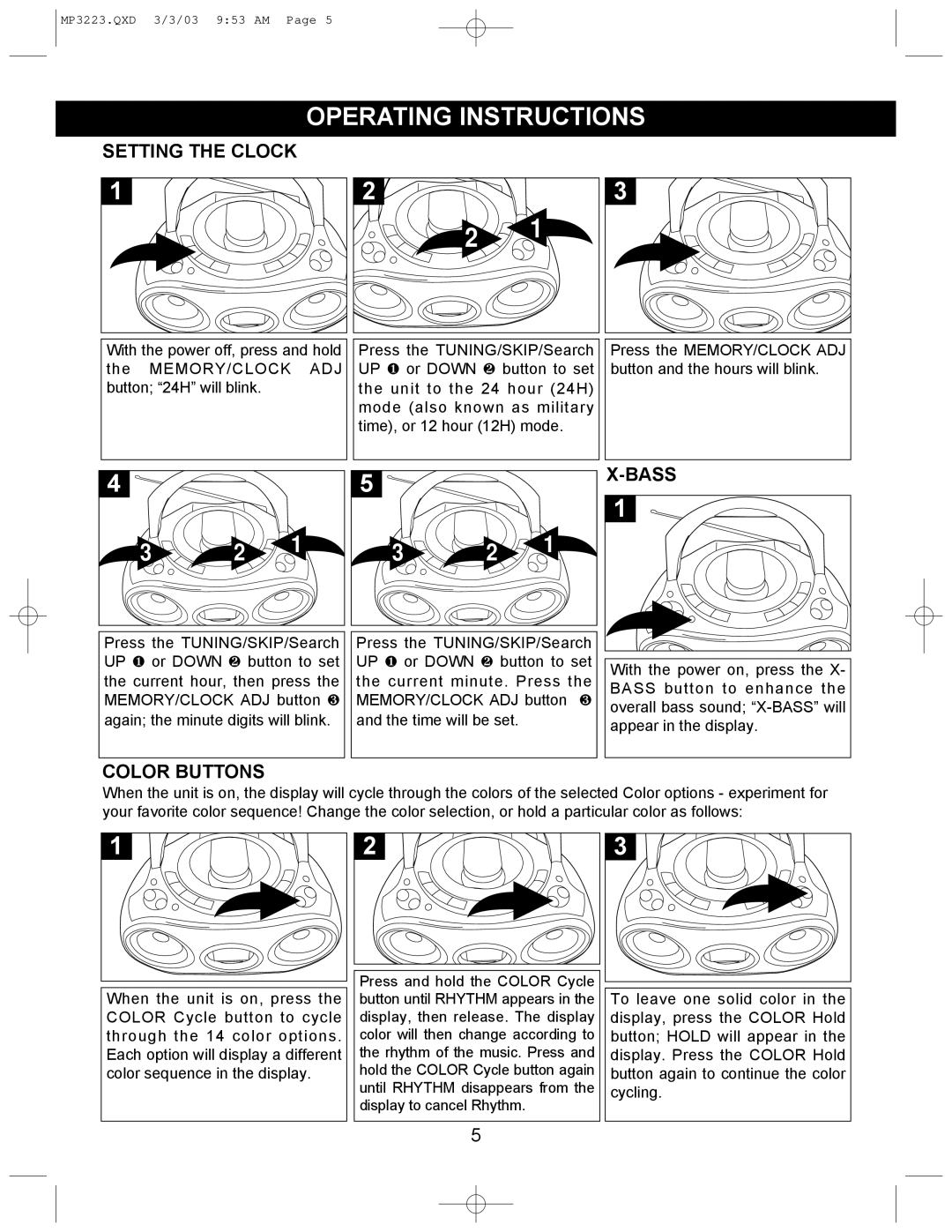 Memorex MP3223 manual Operating Instructions, Setting the Clock, Color Buttons 