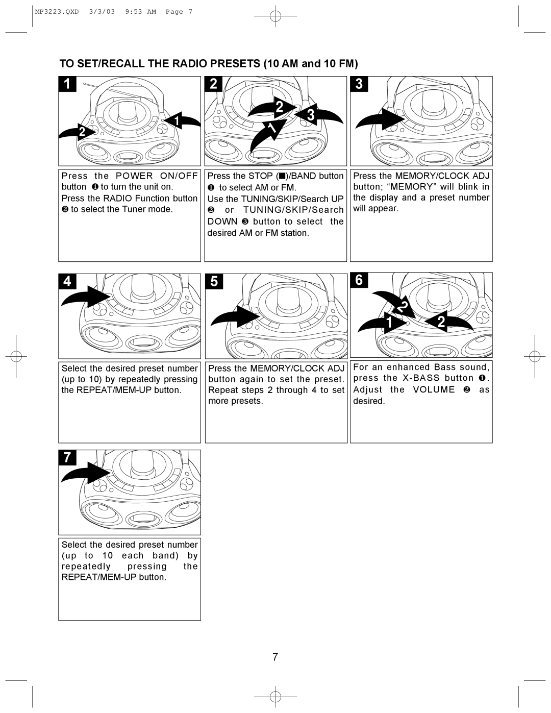 Memorex MP3223 manual To SET/RECALL the Radio Presets 10 AM and 10 FM 