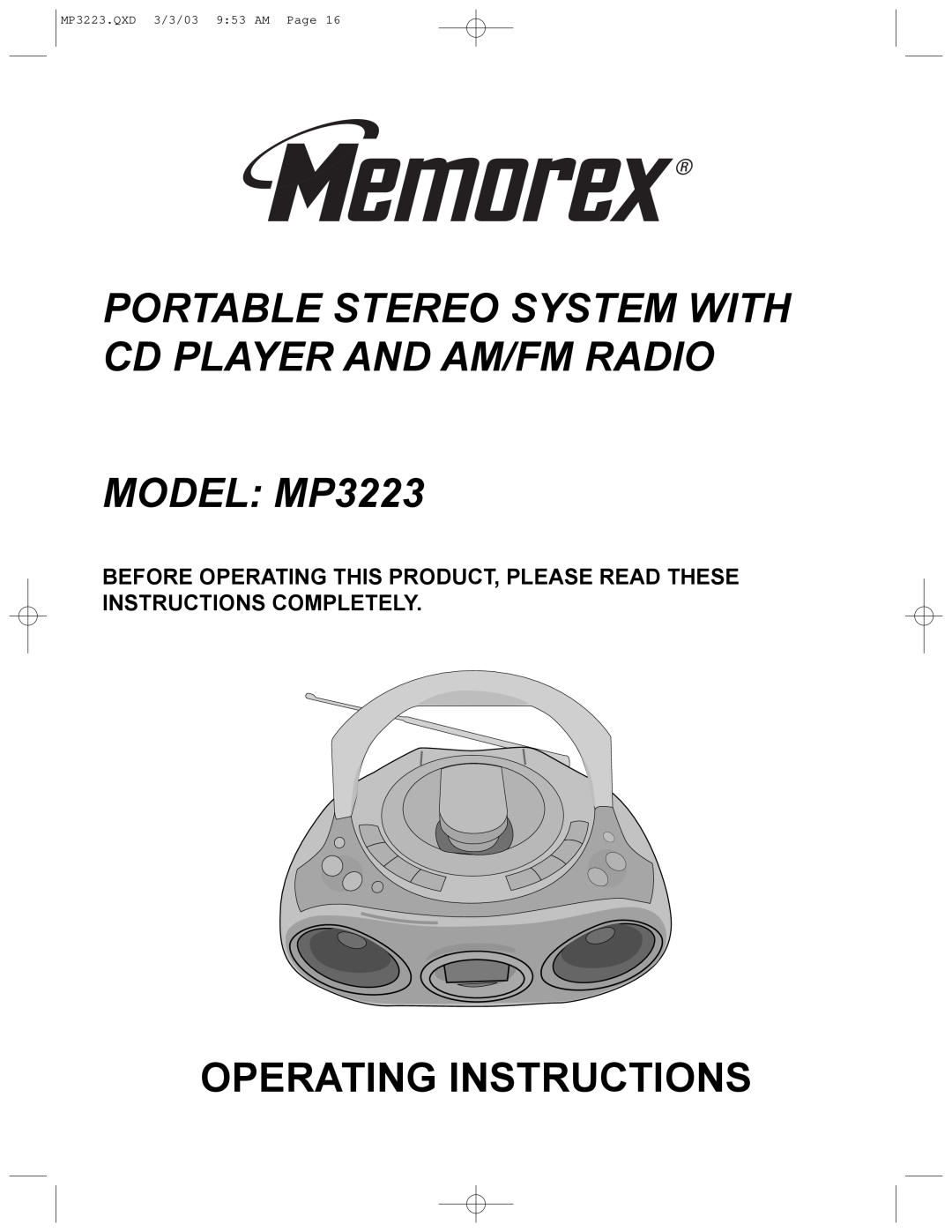 Memorex manual MODEL MP3223, Operating Instructions, MP3223.QXD 3/3/03 9 53 AM Page 