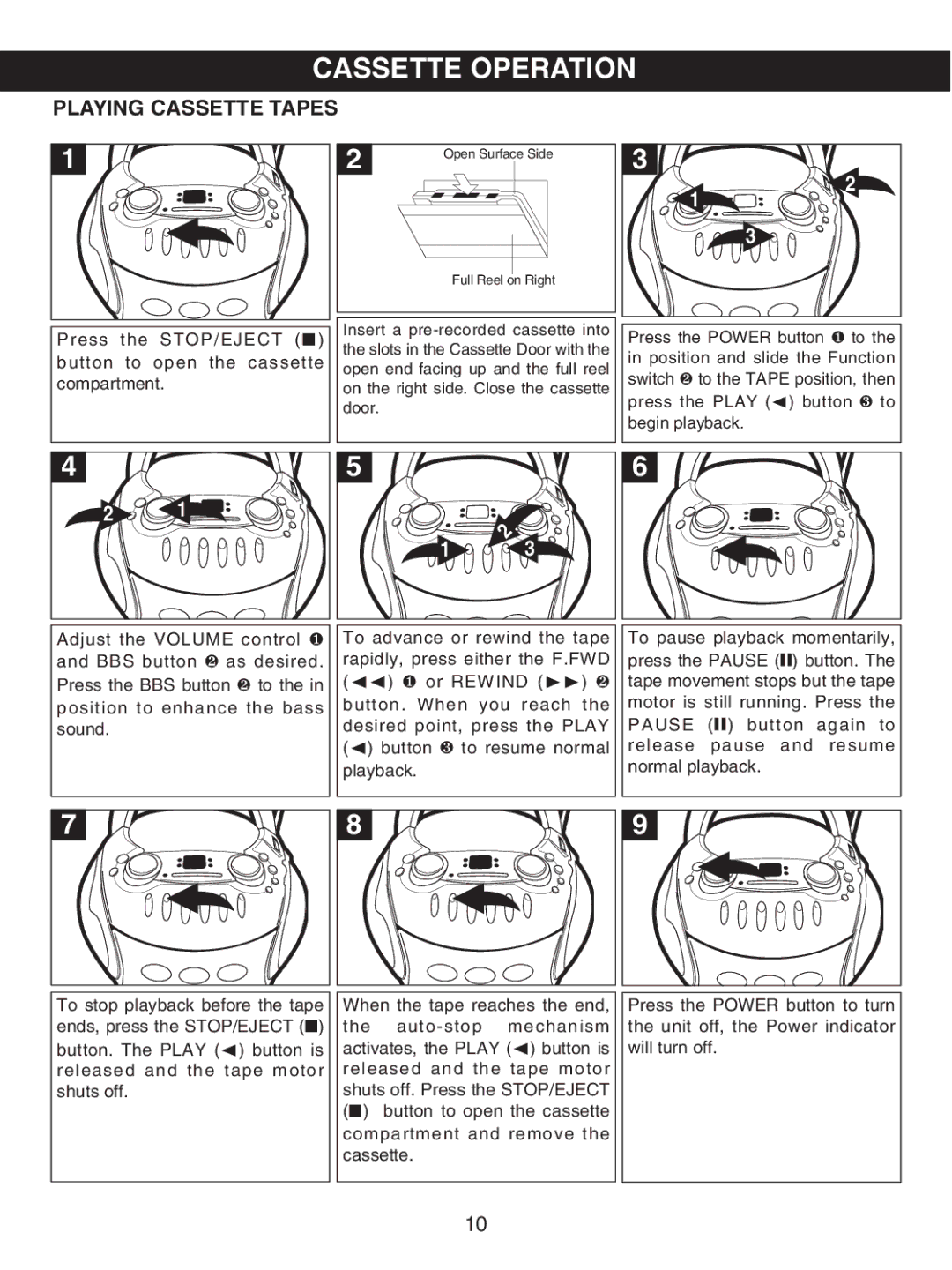 Memorex MP3227 manual Cassette Operation, Playing Cassette Tapes 