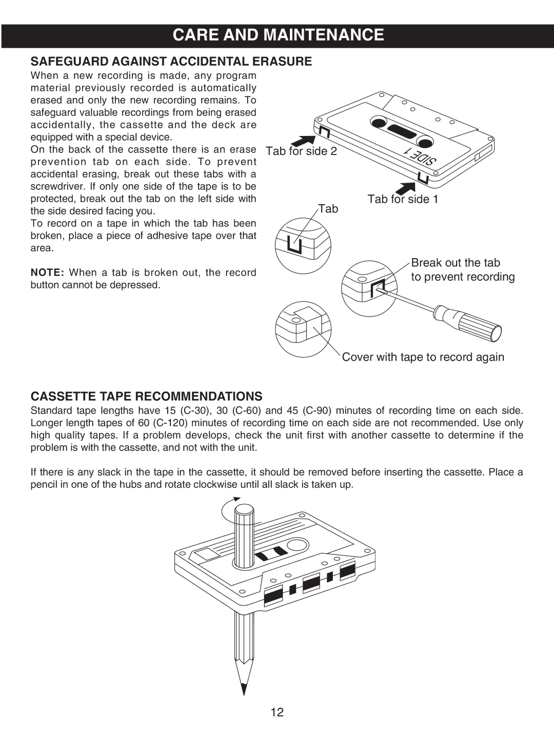 Memorex MP3227 manual Care and Maintenance, Safeguard Against Accidental Erasure, Cassette Tape Recommendations 