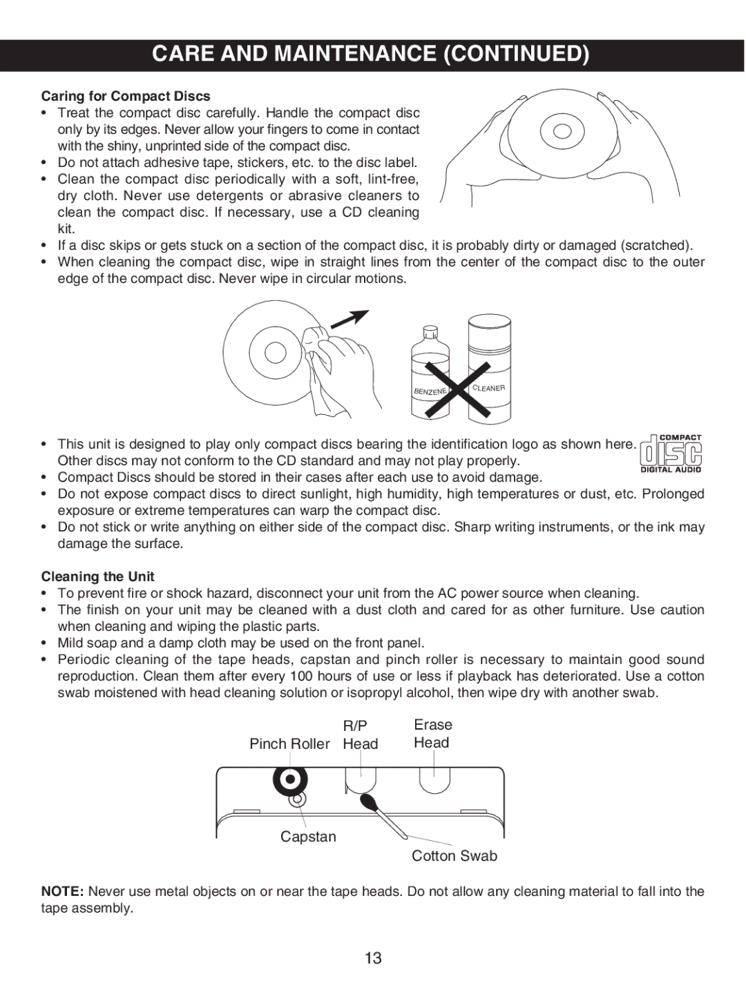 Memorex MP3227 manual Caring for Compact Discs, Cleaning the Unit 