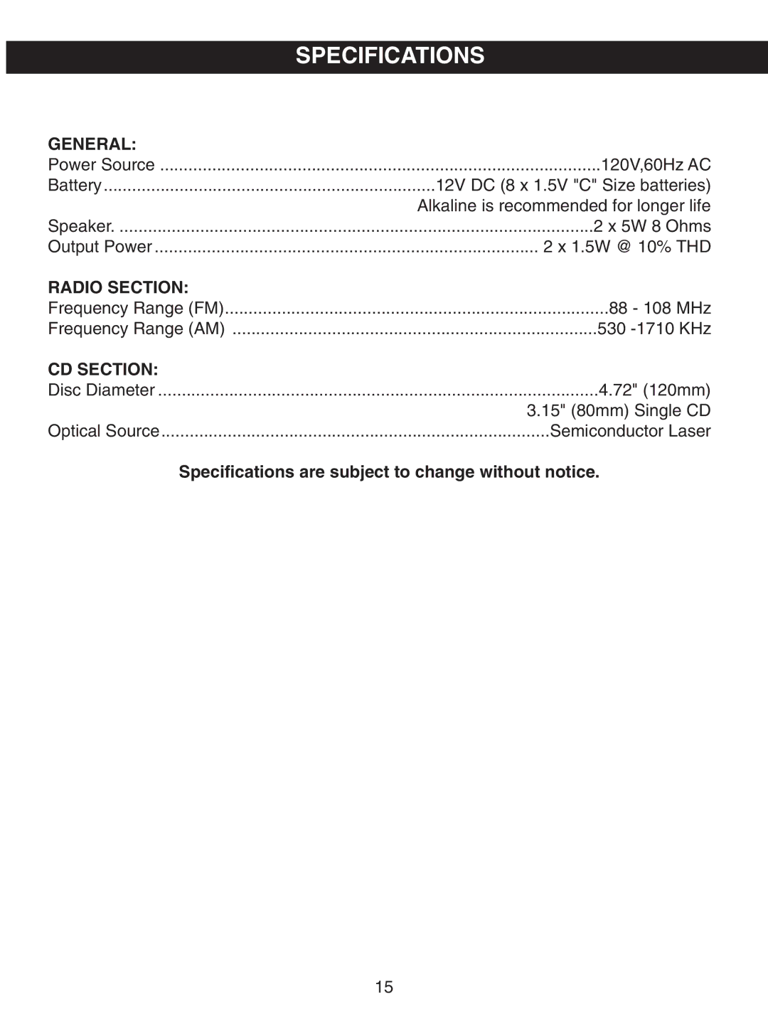 Memorex MP3227 manual Specifications, General, Radio Section, CD Section 