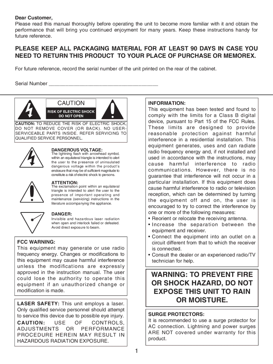 Memorex MP3227 manual Dear Customer, FCC Warning, Information, Surge Protectors 