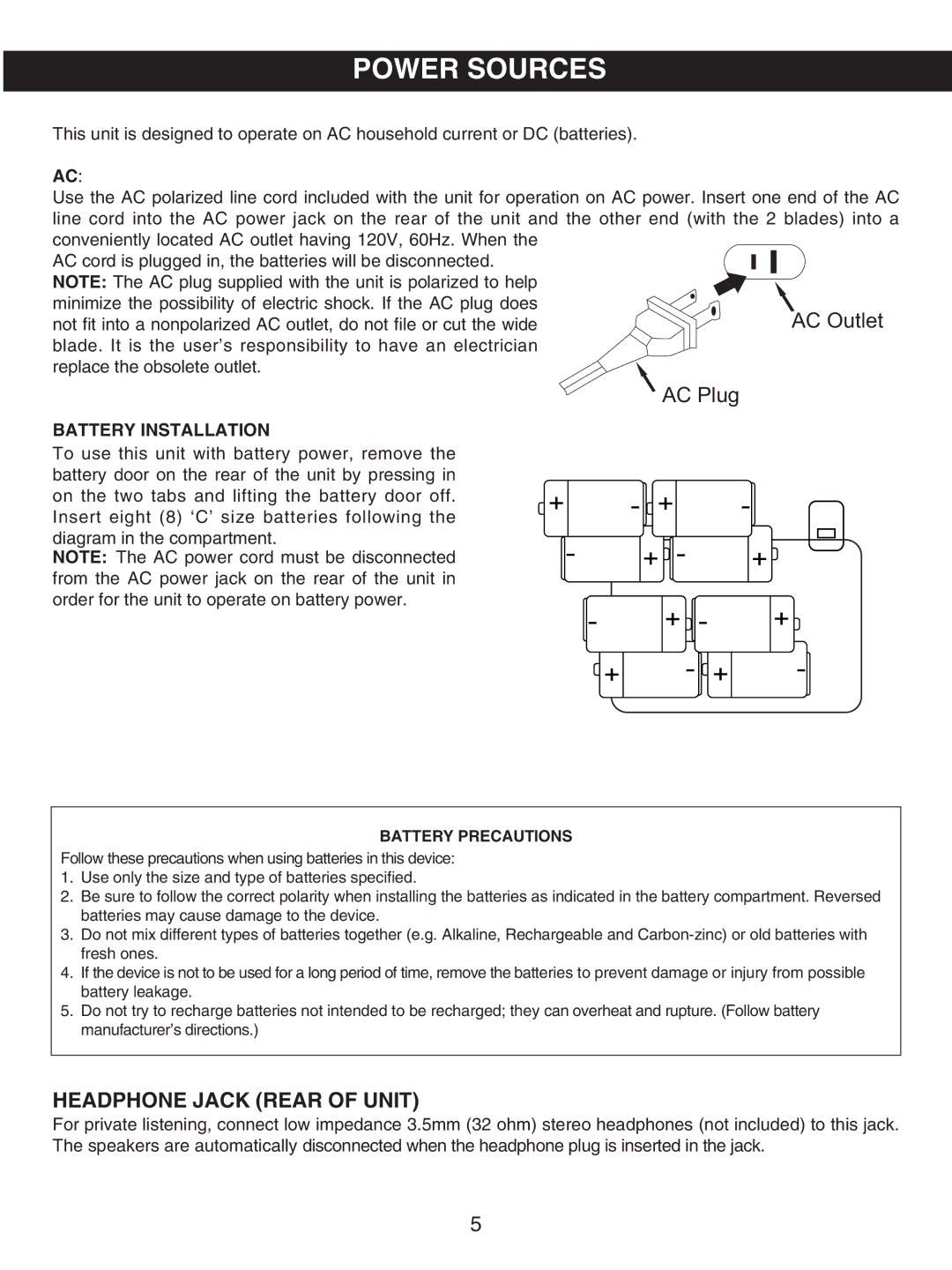 Memorex MP3227 manual Power Sources, Headphone Jack Rear of Unit, Battery Installation 