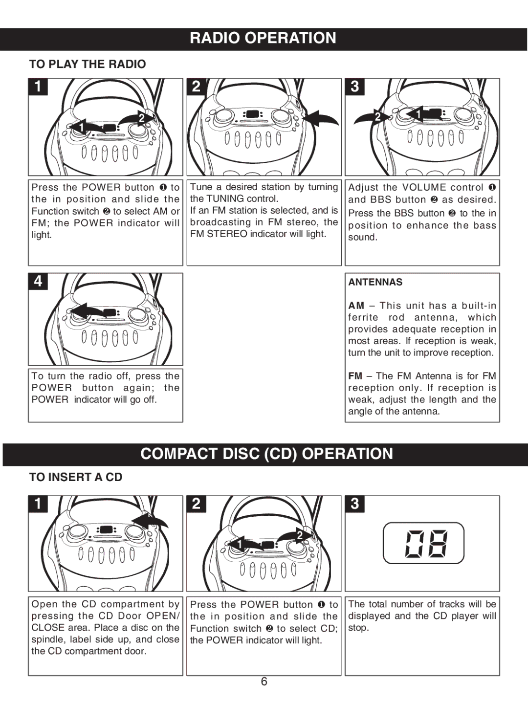 Memorex MP3227 manual Radio Operation, Compact Disc CD Operation, To Play the Radio, To Insert a CD, Antennas 