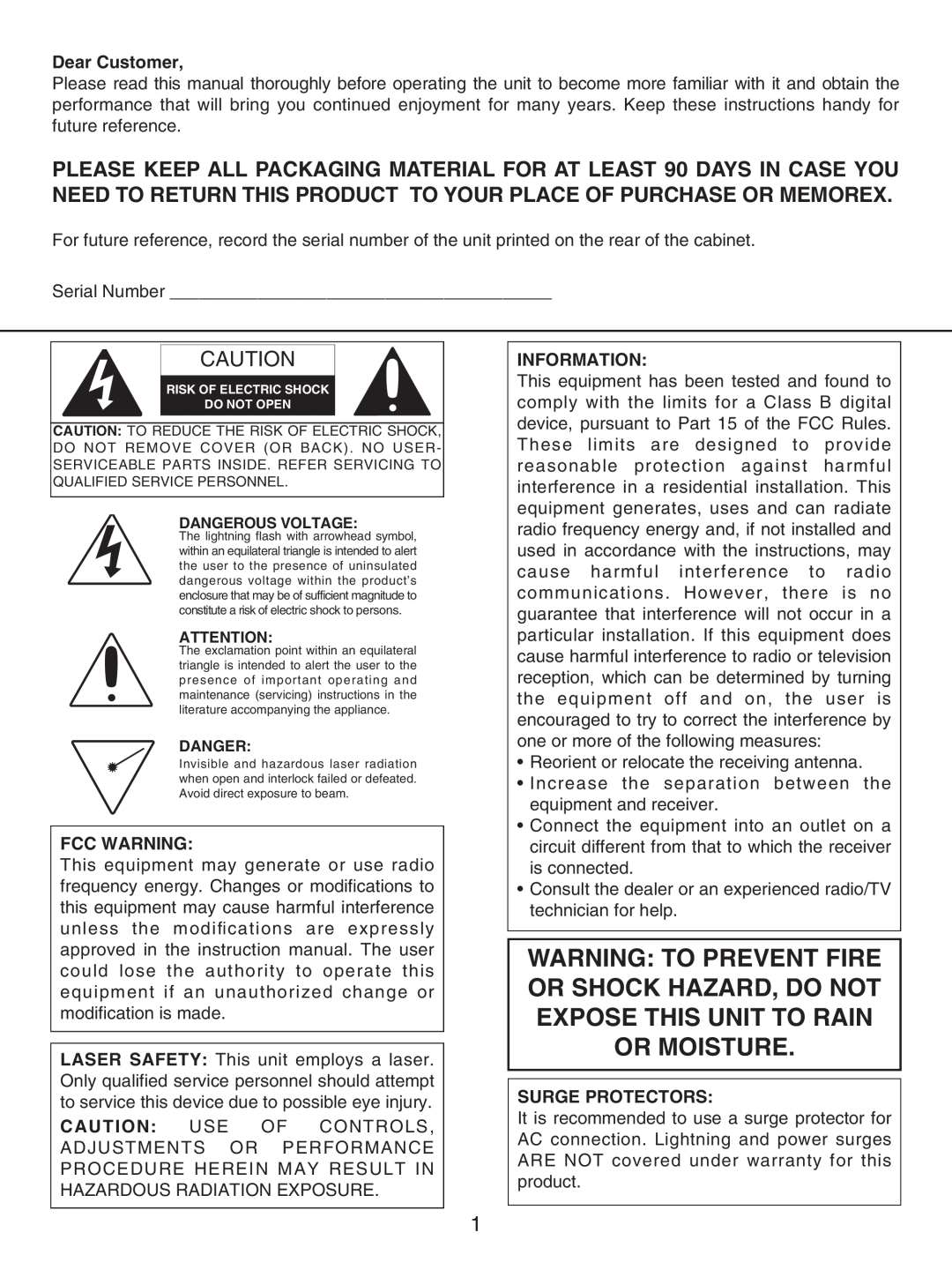 Memorex MP3227 manual Fcc Warning, Information, Surge Protectors 