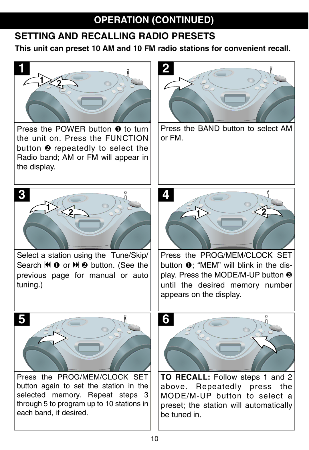 Memorex MP3228 manual Setting and Recalling Radio Presets 