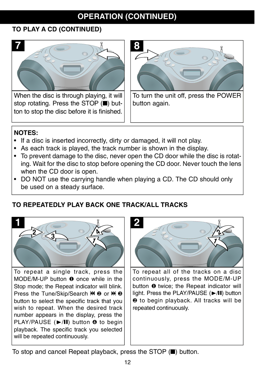 Memorex MP3228 manual To Play a CD, To Repeatedly Play Back ONE TRACK/ALL Tracks 