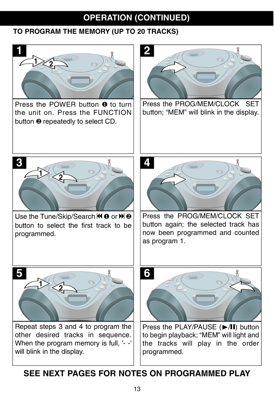 Memorex MP3228 manual See Next Pages for Notes on Programmed Play, To Program the Memory UP to 20 Tracks 