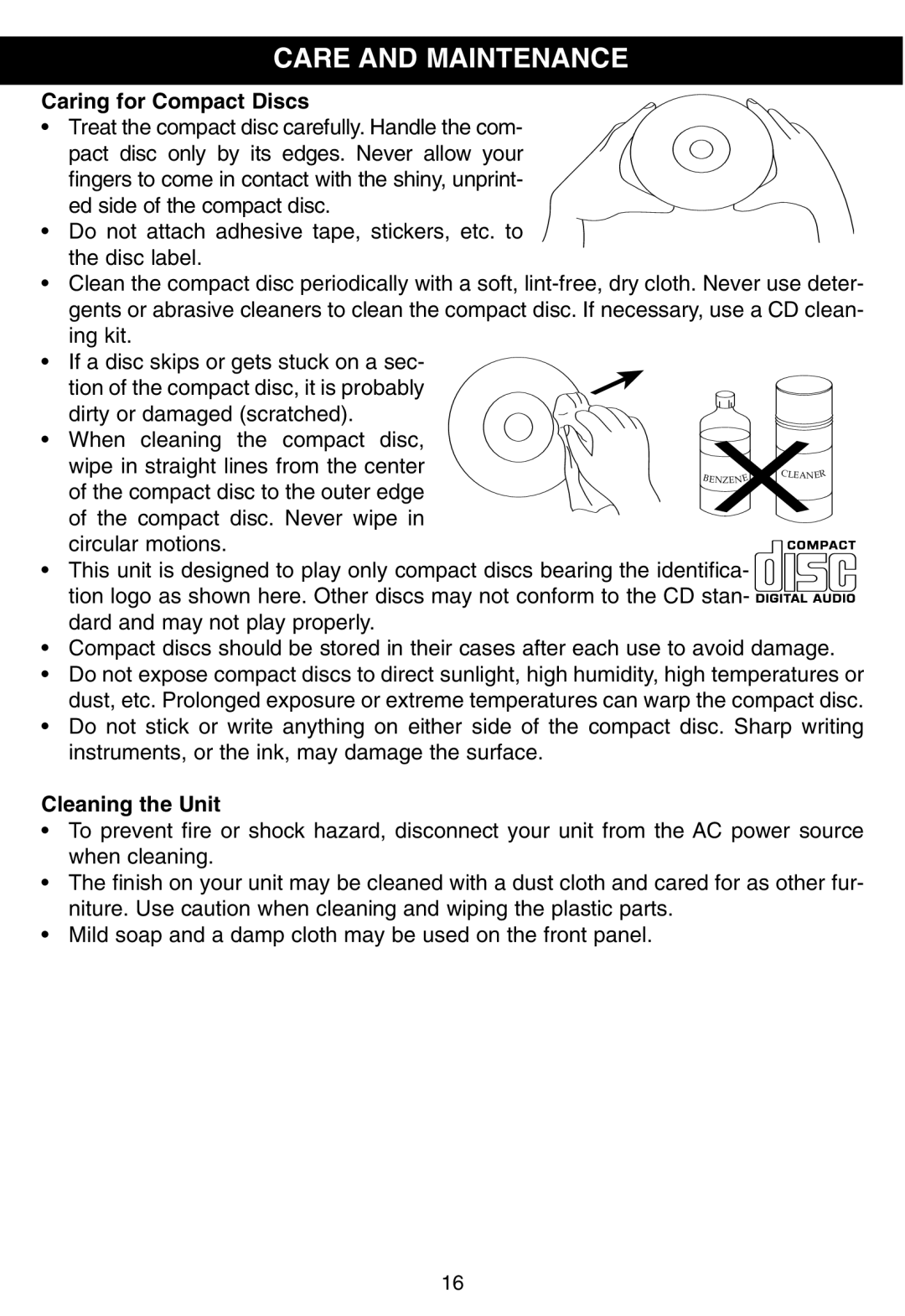 Memorex MP3228 manual Care and Maintenance, Caring for Compact Discs 