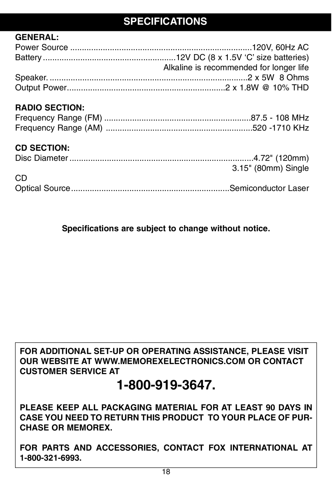 Memorex MP3228 manual Specifications, General, Radio Section, CD Section 