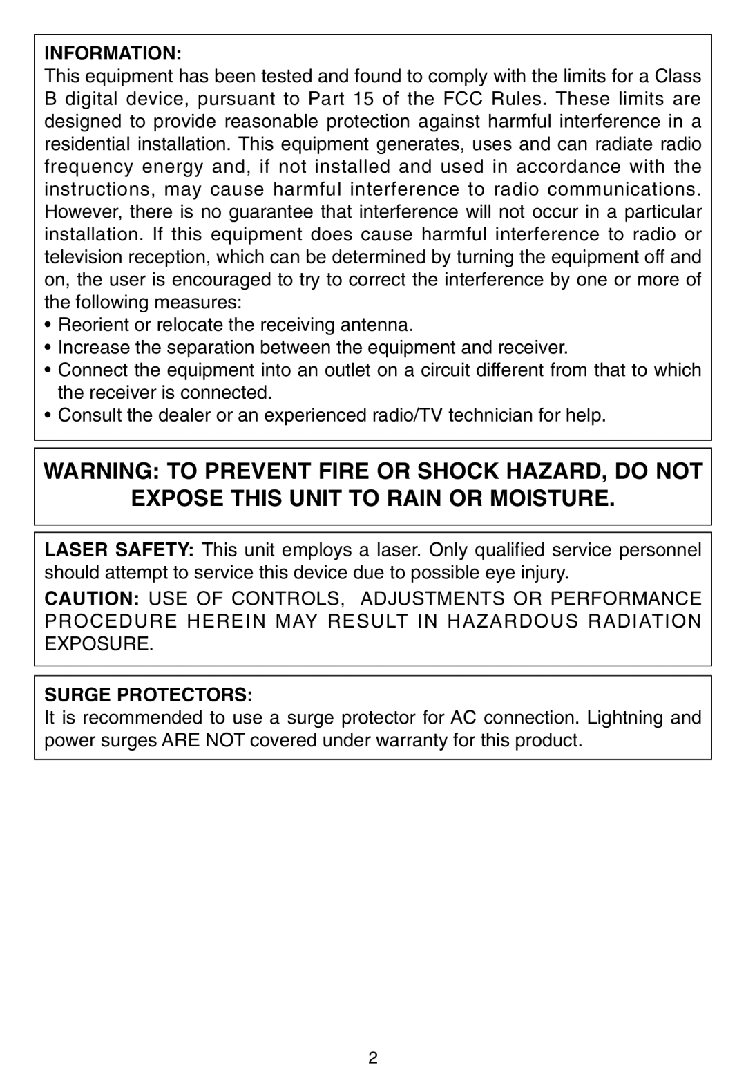 Memorex MP3228 manual Expose this Unit to Rain or Moisture, Information, Surge Protectors 