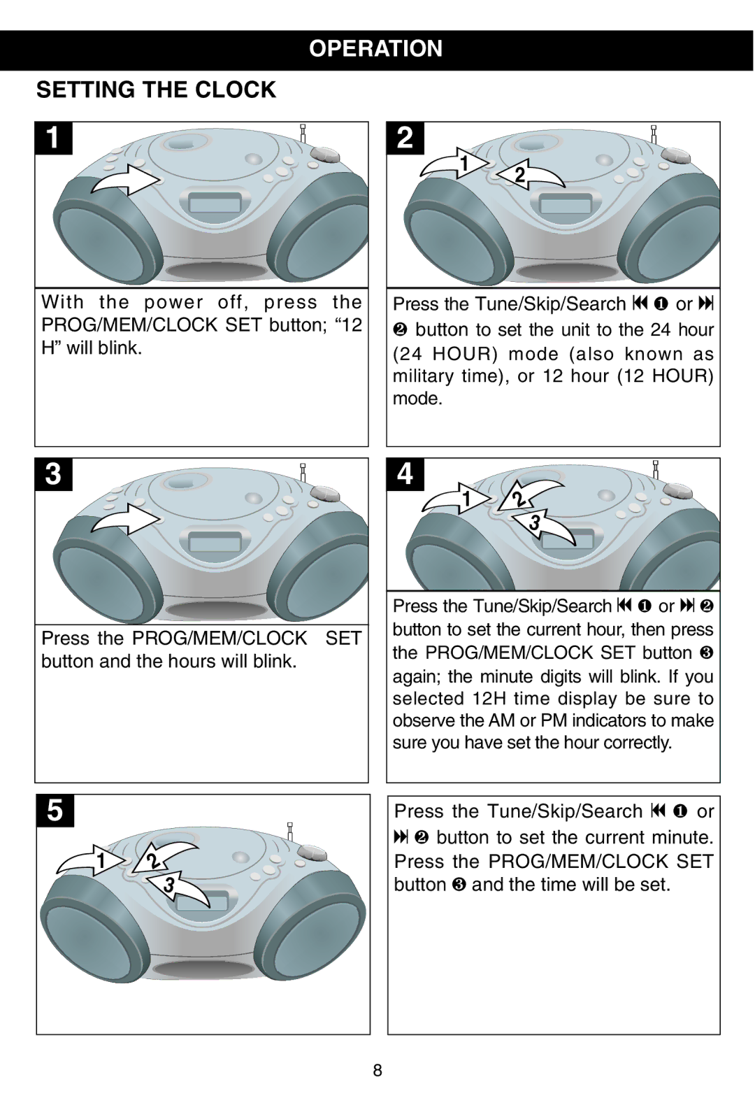 Memorex MP3228 manual Operation, Setting the Clock 