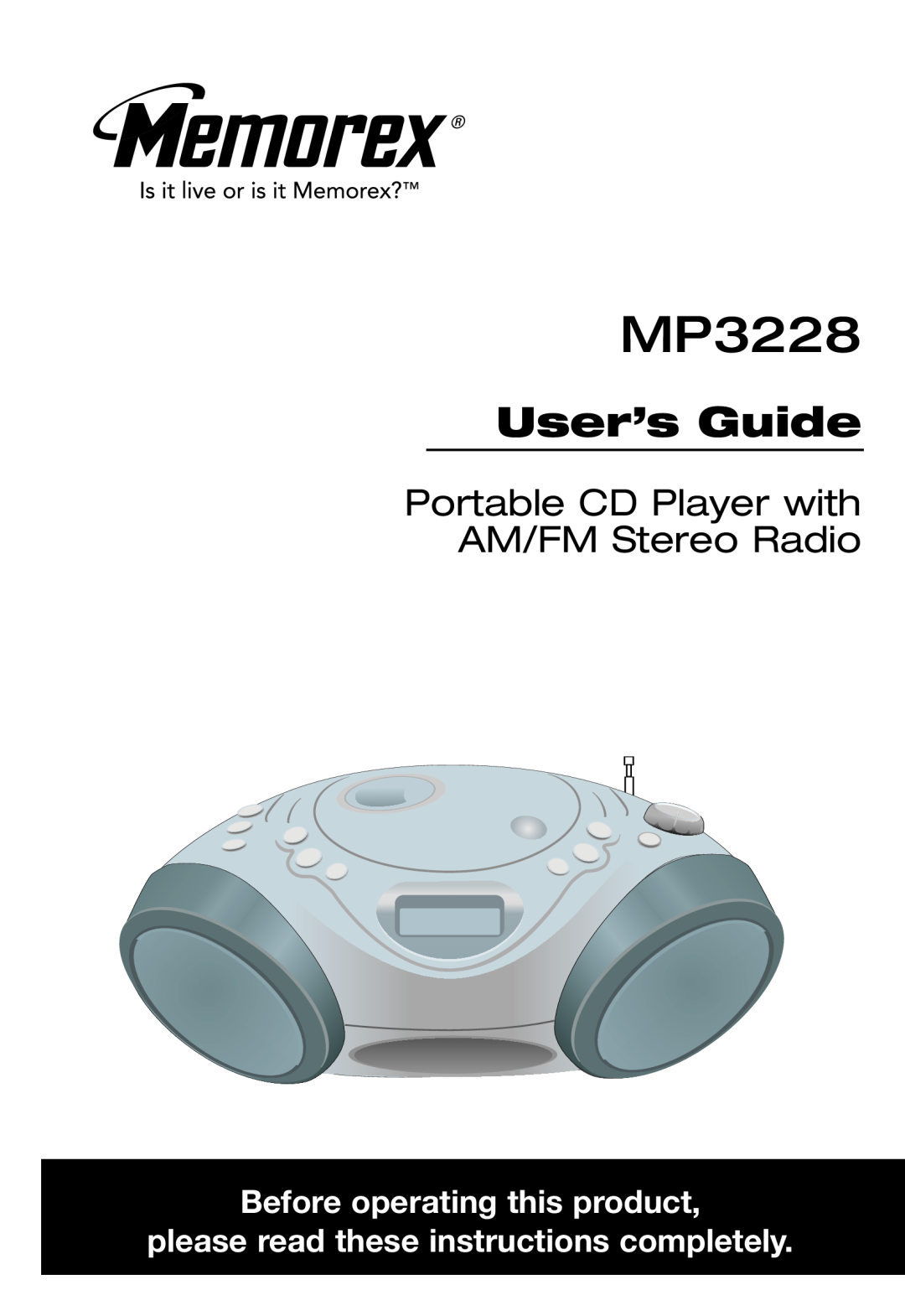 Memorex MP3228 manual User’s Guide, Portable CD Player with AM/FM Stereo Radio, Before operating this product 