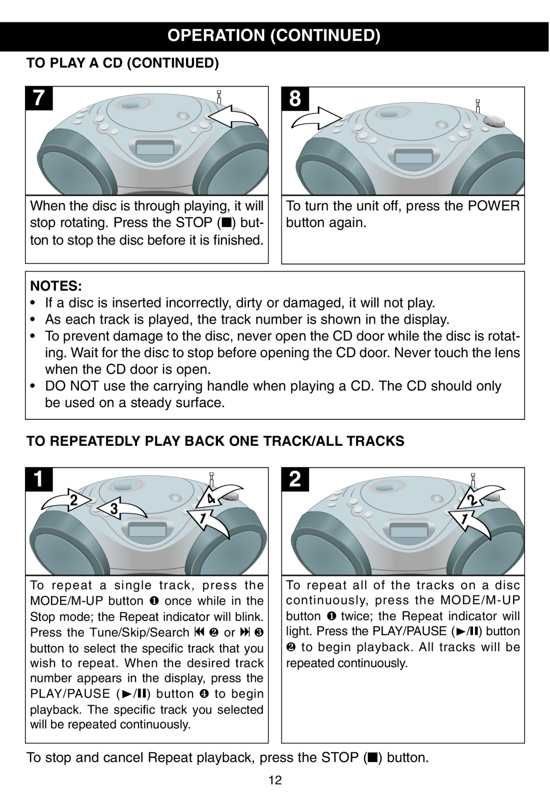 Memorex MP3228 manual Operation Continued, To Play A Cd Continued, To Repeatedly Play Back One Track/All Tracks 