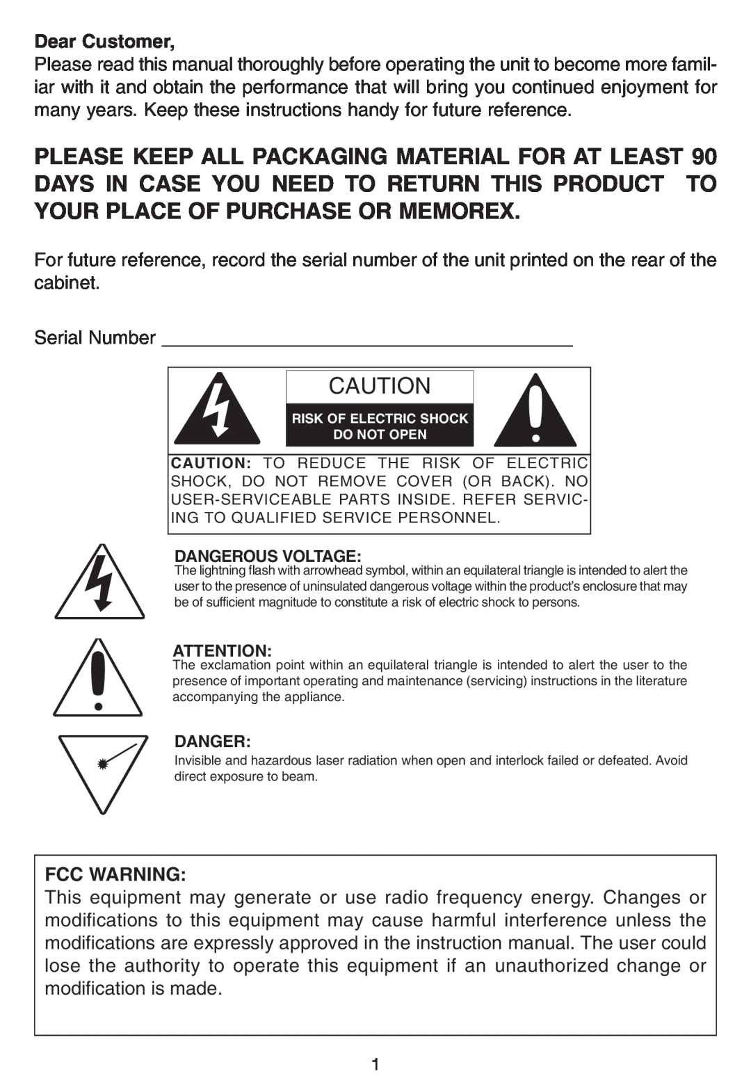 Memorex MP3228 manual Fcc Warning, Dangerous Voltage 