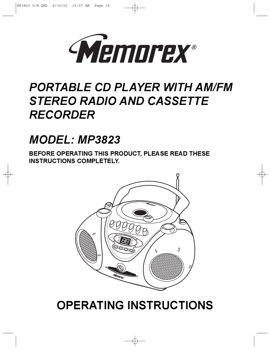 Memorex MP3823 manual Operating Instructions 