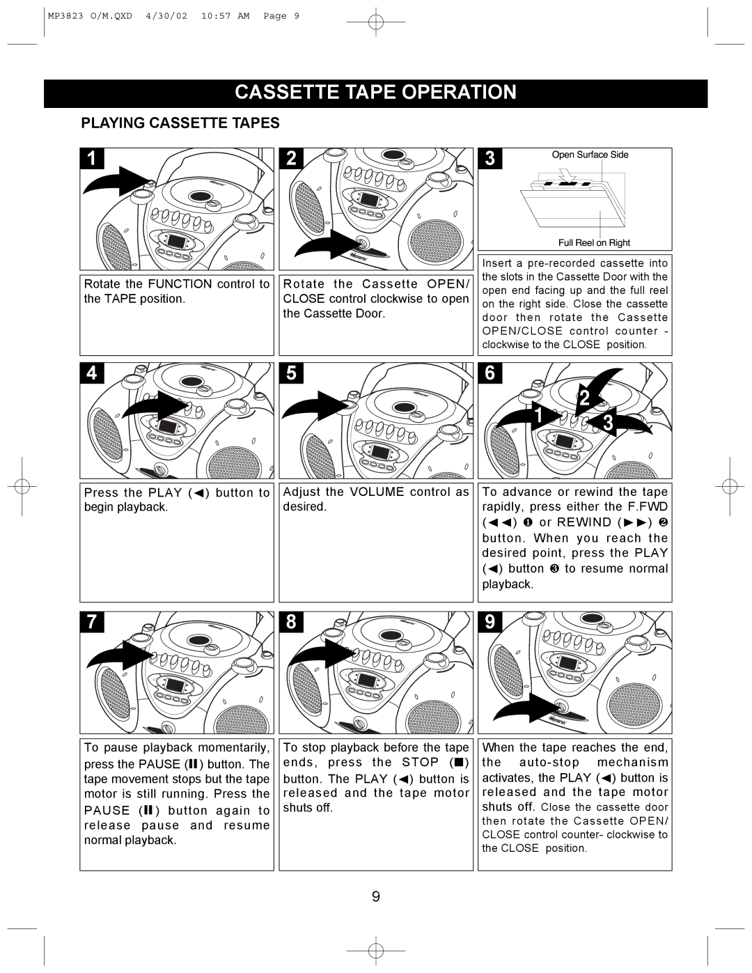 Memorex MP3823 manual Cassette Tape Operation, Playing Cassette Tapes 