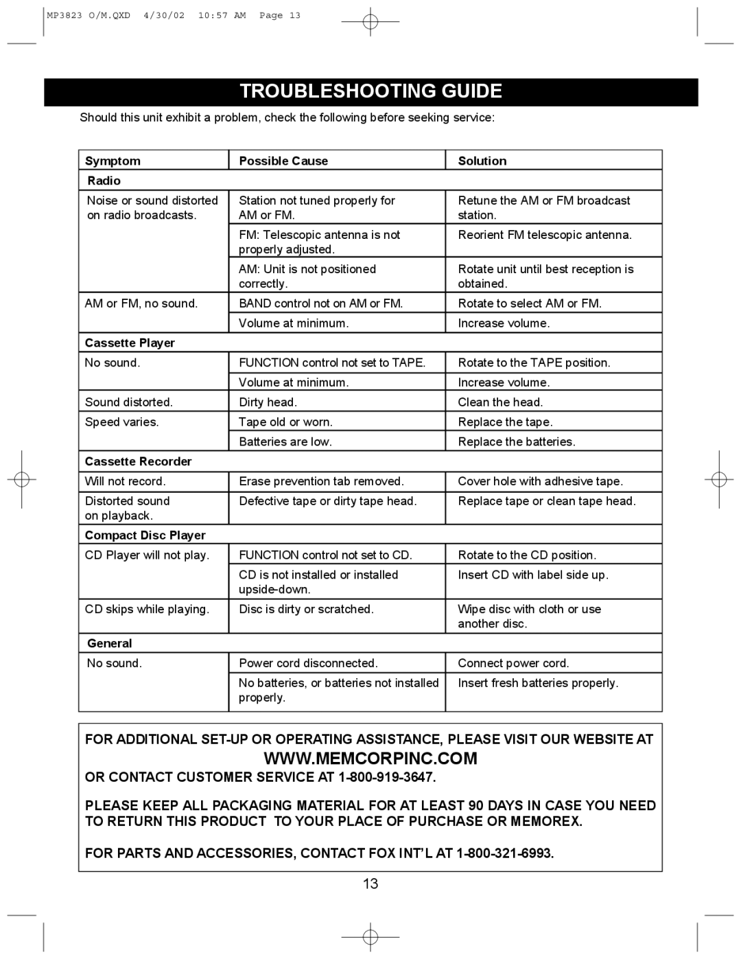 Memorex MP3823 manual Troubleshooting Guide, Symptom Possible Cause Solution Radio 