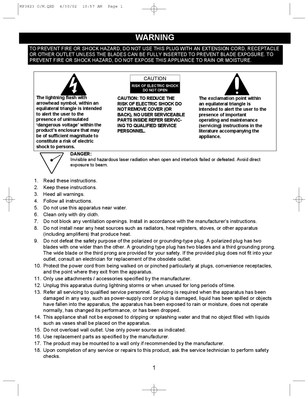 Memorex MP3823 manual Risk of Electric Shock Do not Open 