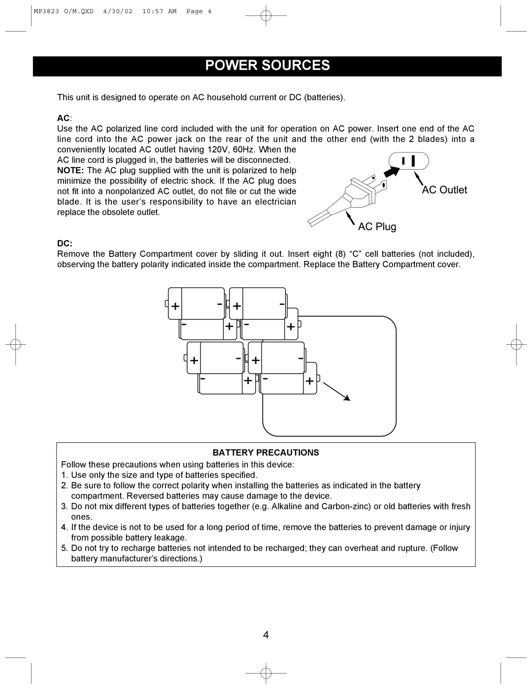 Memorex MP3823 manual Power Sources, Battery Precautions 