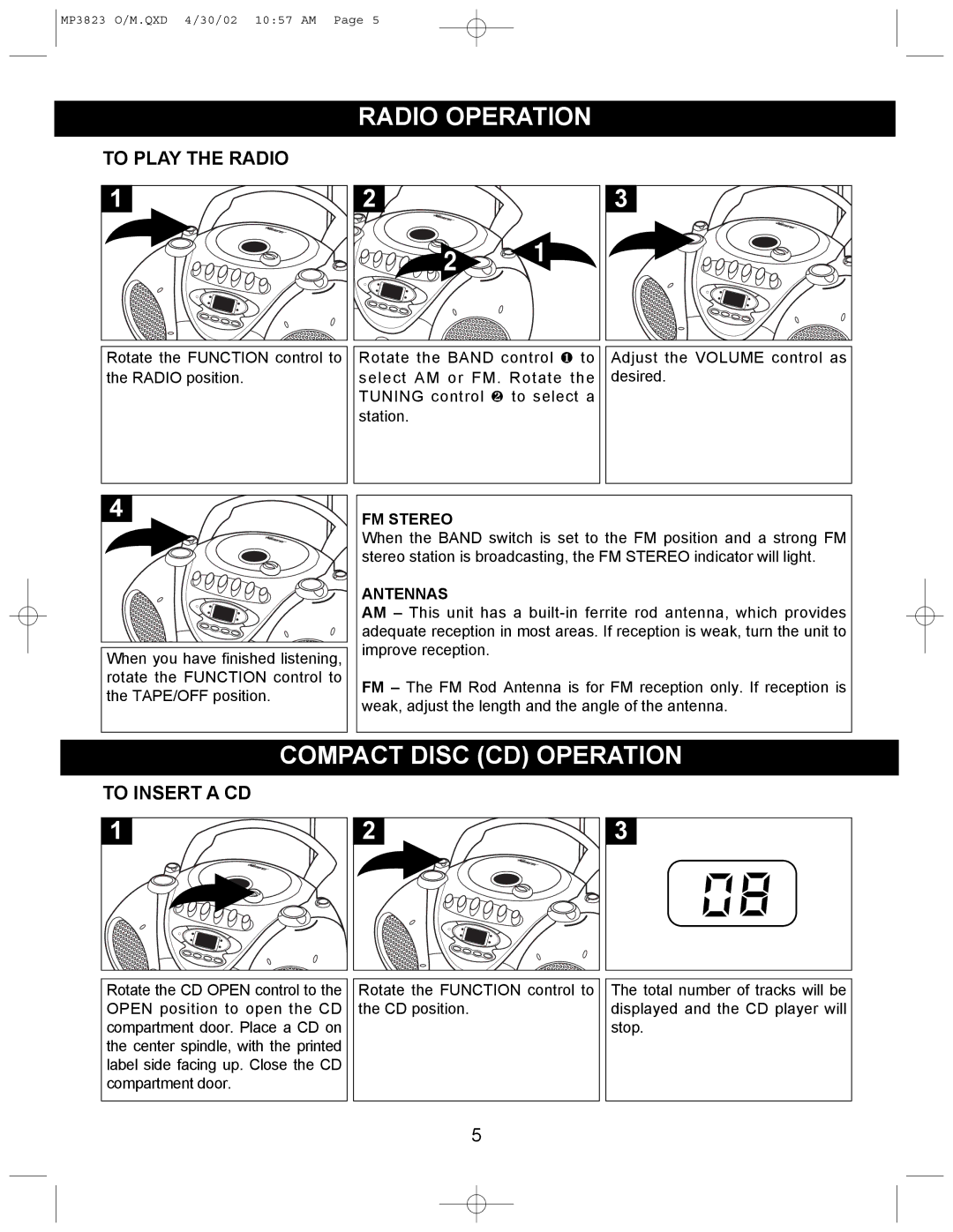 Memorex MP3823 manual Radio Operation, Compact Disc CD Operation, To Play the Radio, To Insert a CD 