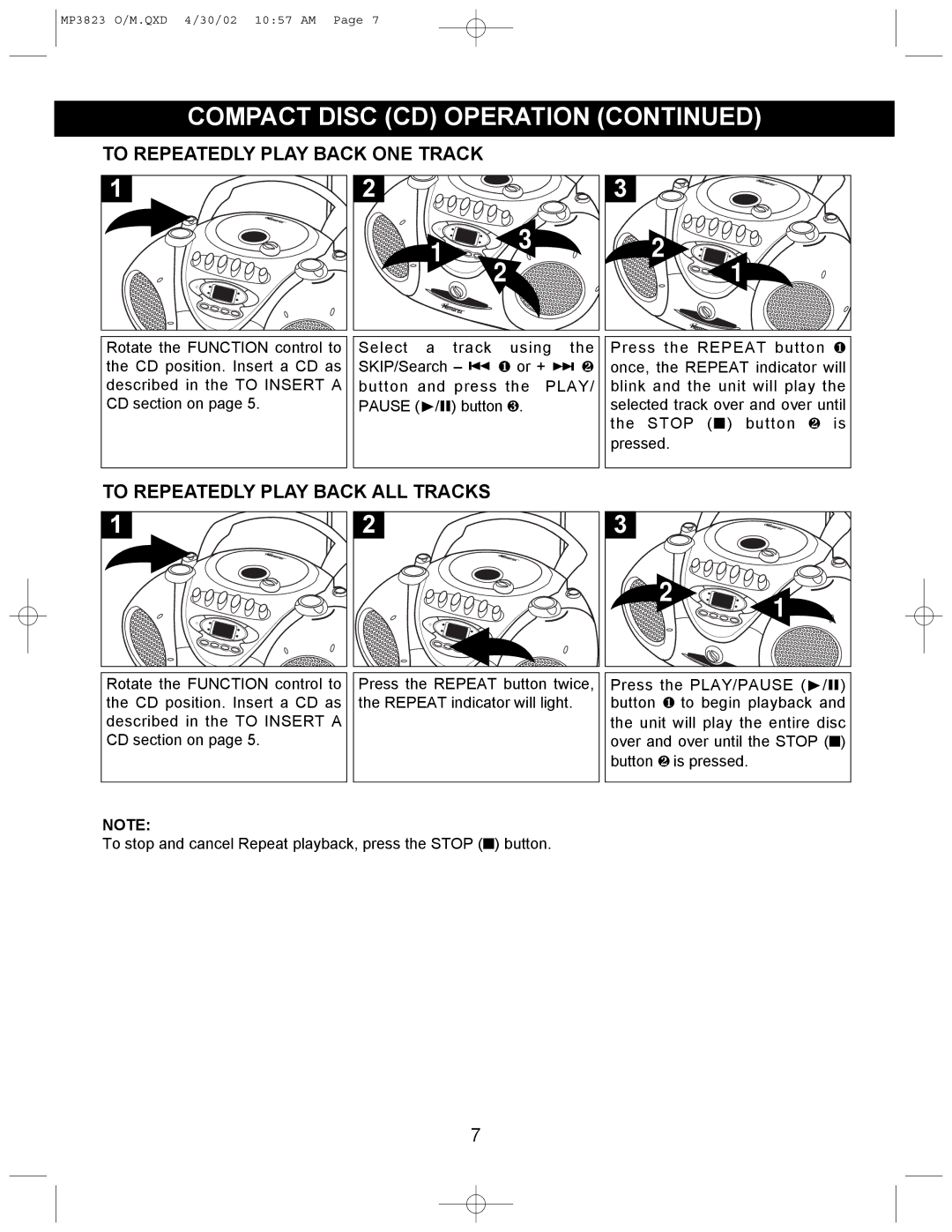 Memorex MP3823 manual To Repeatedly Play Back ONE Track, To Repeatedly Play Back ALL Tracks 