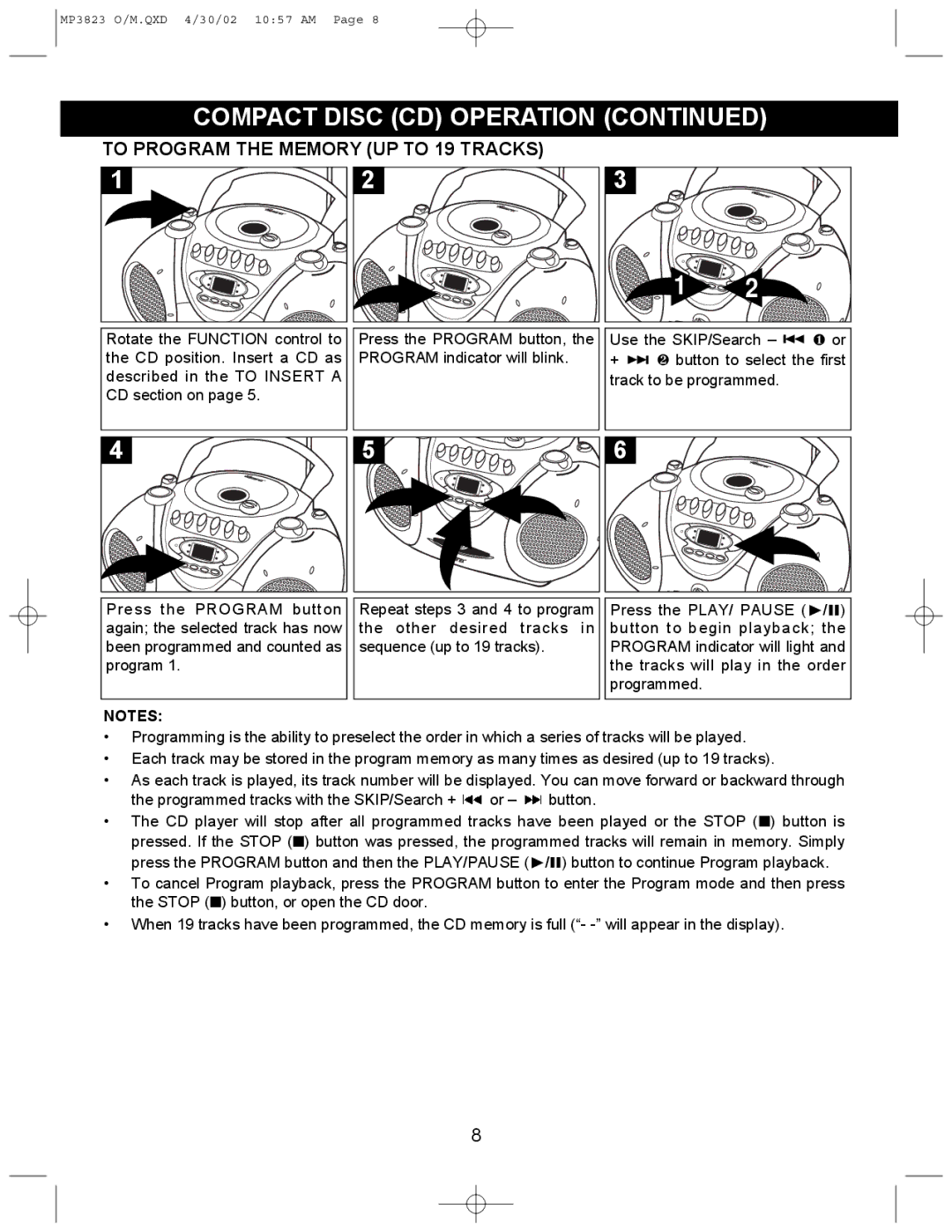 Memorex MP3823 manual To Program the Memory UP to 19 Tracks 