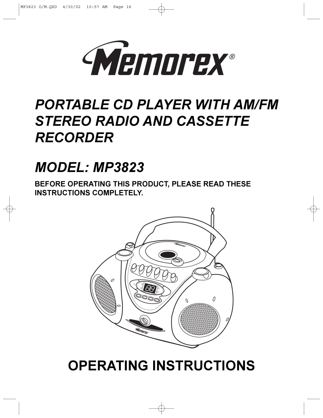 Memorex manual MODEL MP3823, Operating Instructions, MP3823 O/M.QXD 4/30/02 10 57 AM Page 