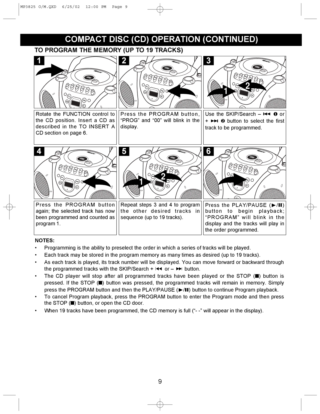 Memorex MP3825 operating instructions To Program the Memory UP to 19 Tracks 