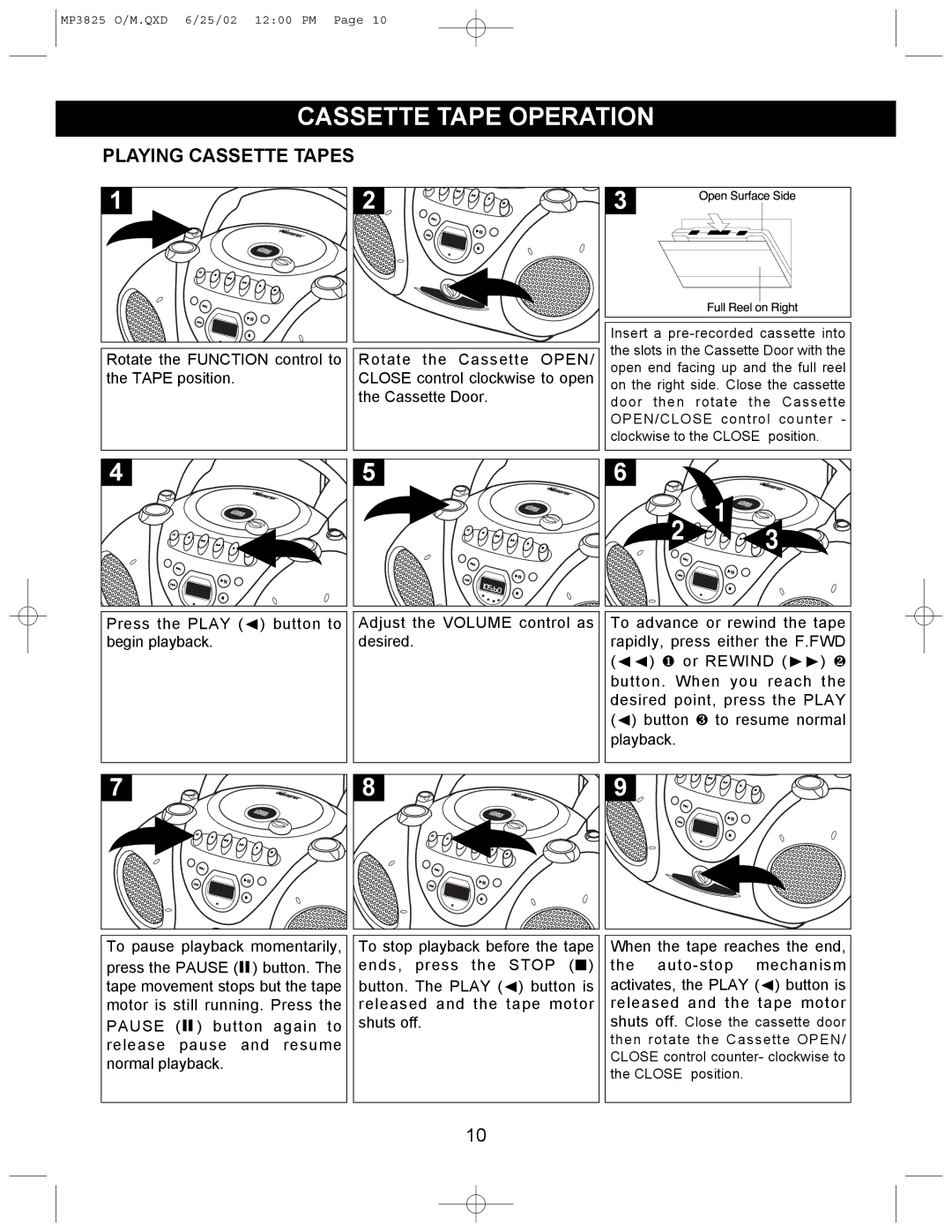 Memorex MP3825 operating instructions Cassette Tape Operation, Playing Cassette Tapes 