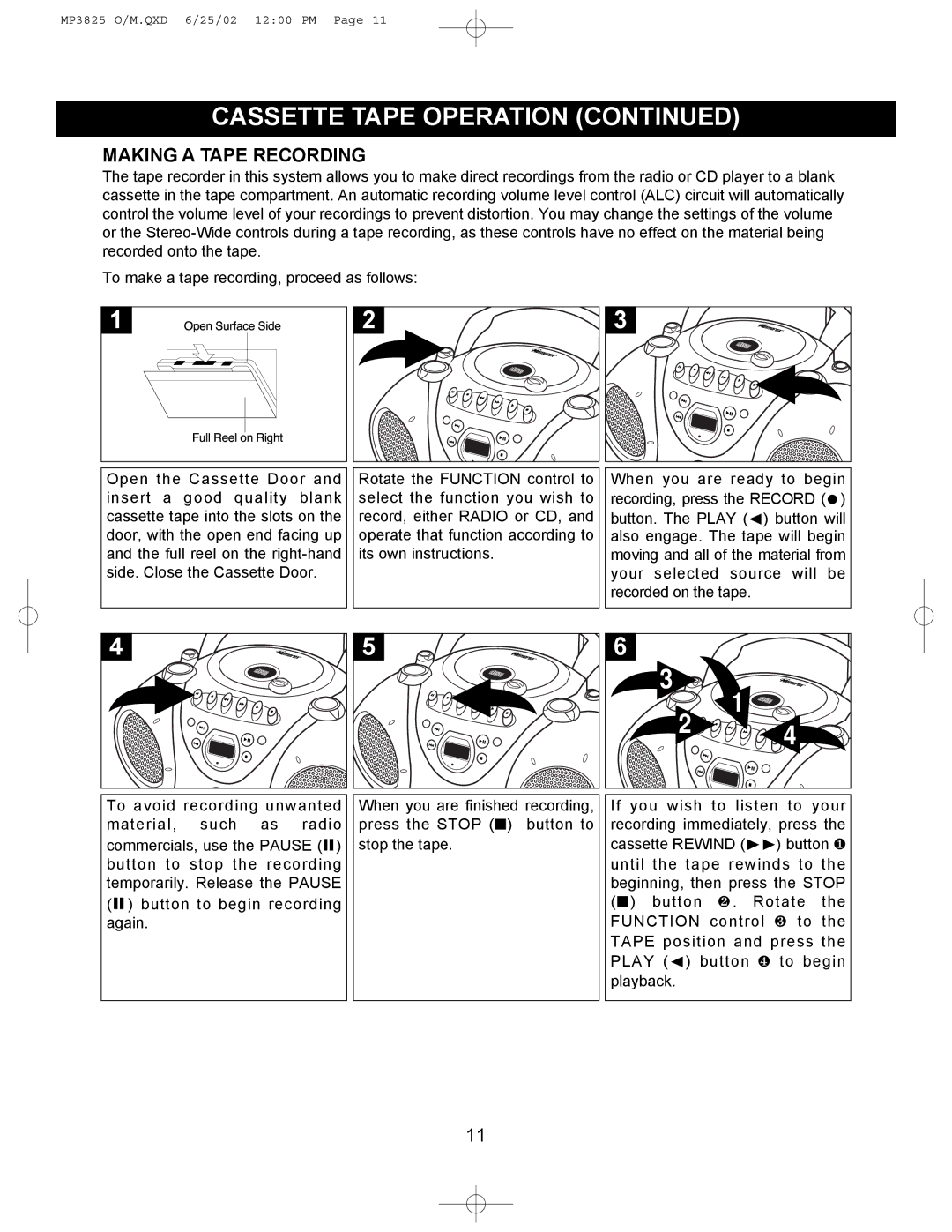 Memorex MP3825 operating instructions Making a Tape Recording, FullR eelonRight 