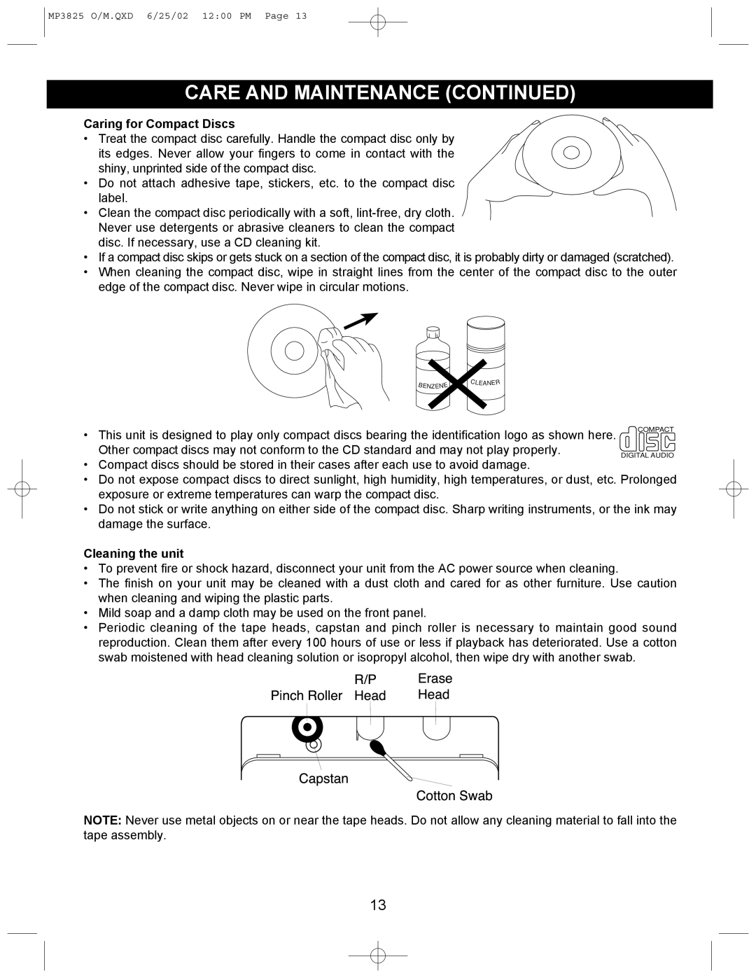 Memorex MP3825 operating instructions Caring for Compact Discs 