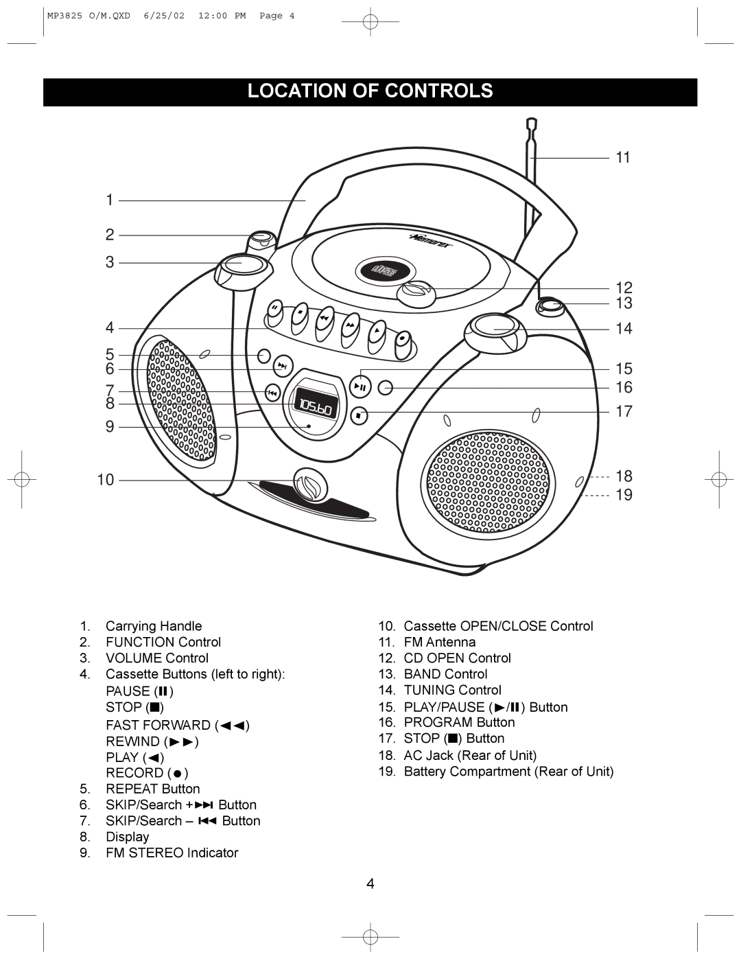 Memorex MP3825 operating instructions Location of Controls, Fast Forward Rewind ❿❿ 