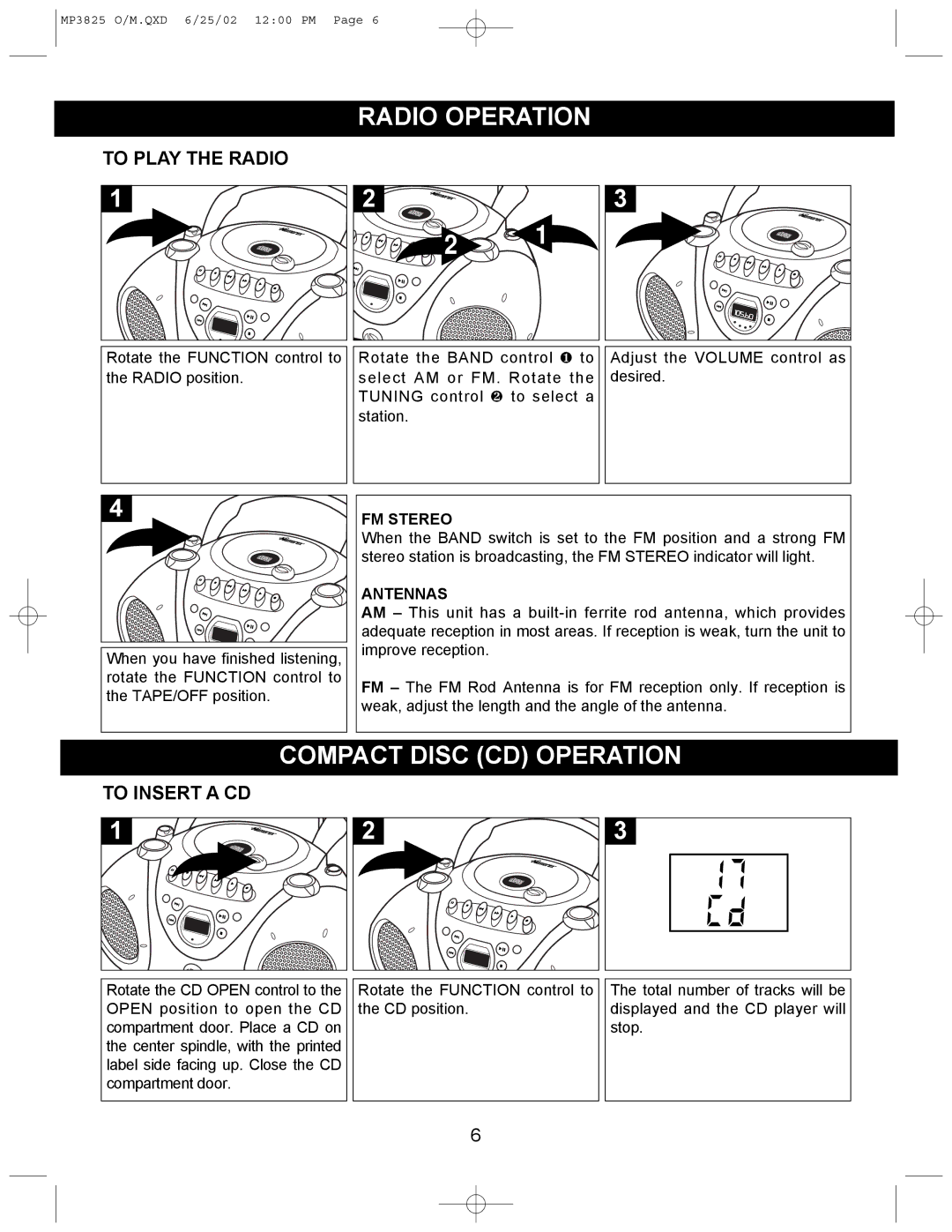 Memorex MP3825 operating instructions Radio Operation, Compact Disc CD Operation, To Play the Radio, To Insert a CD 