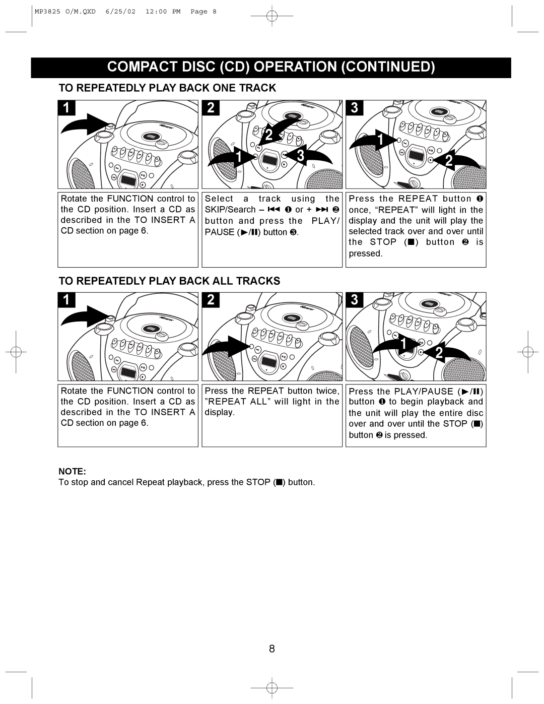 Memorex MP3825 operating instructions To Repeatedly Play Back ONE Track, To Repeatedly Play Back ALL Tracks 