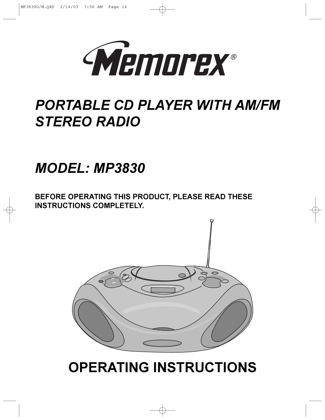 Memorex MP3830O operating instructions Portable CD Player with AM/FM Stereo Radio Model MP3830 